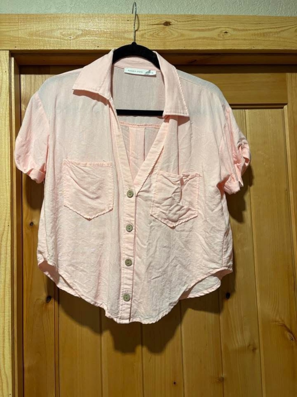 Altar'd State Pale Pink Short-Sleeve Button Front Blouse